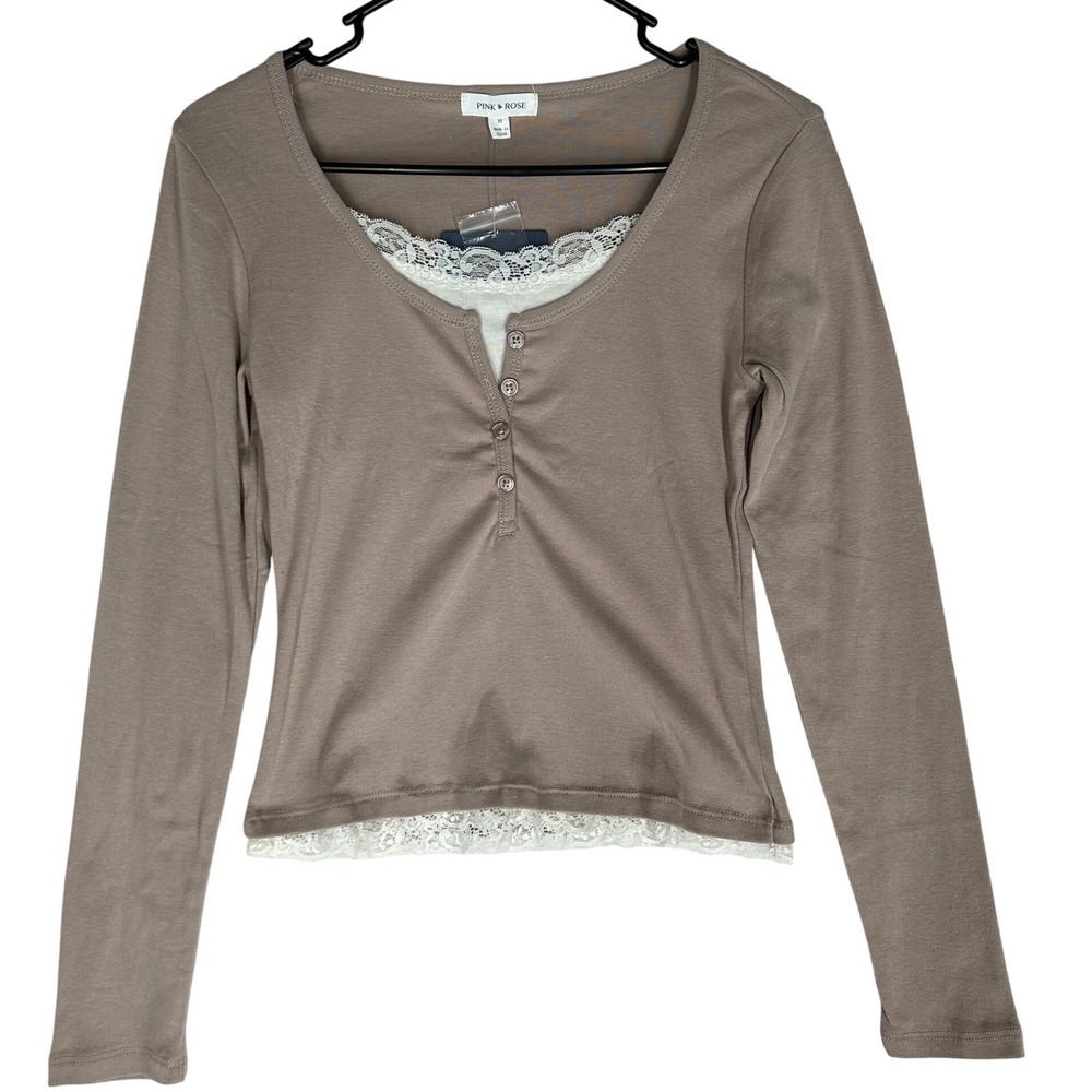 Pink Rose Mocha Long-Sleeved Crop Tee White Lacy Accents Women's Size‎ M NWT